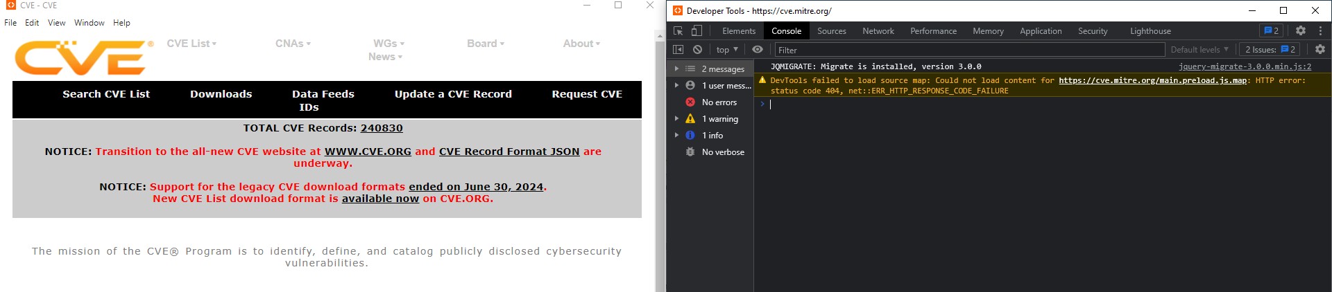 Loading https://cve.mitre.org into Vantage Editor Desktop via the developer tools console